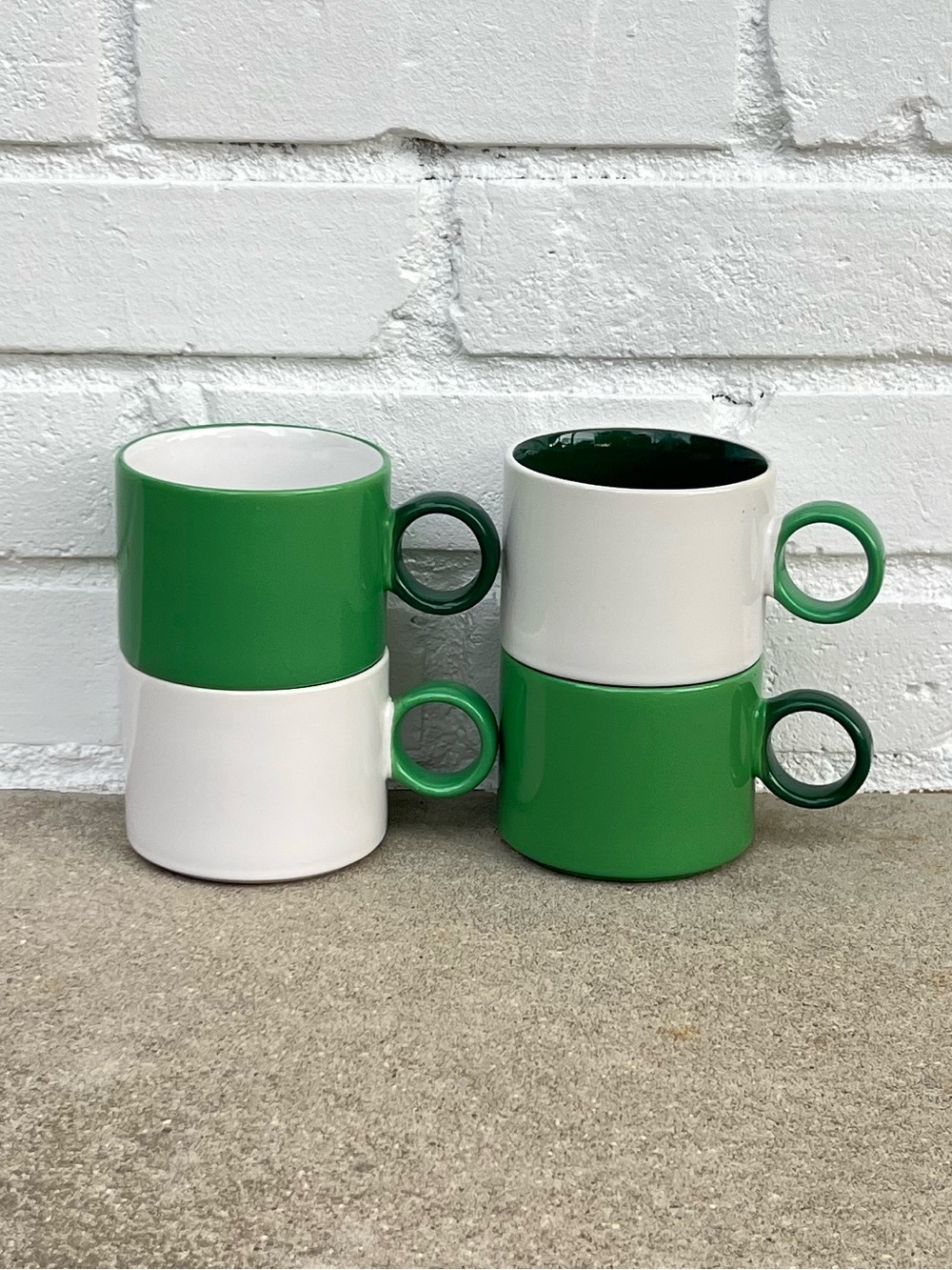 IKEA Stackable Porcelain Mugs Green and White